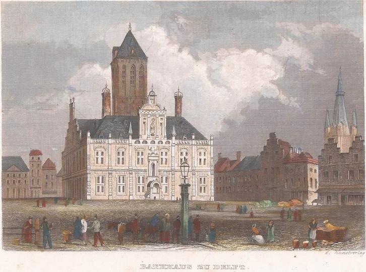 "RATHHAUS ZU DELFT" Ingekleurde staalgravure ca. 1838, Antiek en Kunst, Kunst | Etsen en Gravures, Ophalen of Verzenden