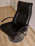 Modern zwart leren relax fauteuil op draaivoet, 75 tot 100 cm, Modern, Gebruikt, Leer