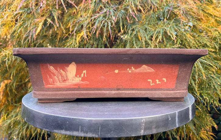 Bonsai schaal bruin ongeglazuurd gedecoreerd 35x24,8x10,1, Tuin en Terras, Bloempotten, Zo goed als nieuw, Aardewerk, Rechthoekig