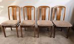 4x Vintage velours zitting walnoten eetkamerstoelen, Huis en Inrichting, Stoelen, Hout, Bruin, Vintage, Ophalen of Verzenden