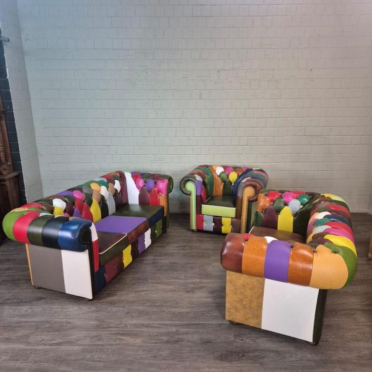 26701 Chesterfield Bankstel Model Carnaval 3-2-1 Leder, Huis en Inrichting, Banken | Bankstellen, Nieuw, Rechte bank, Vierpersoons of meer