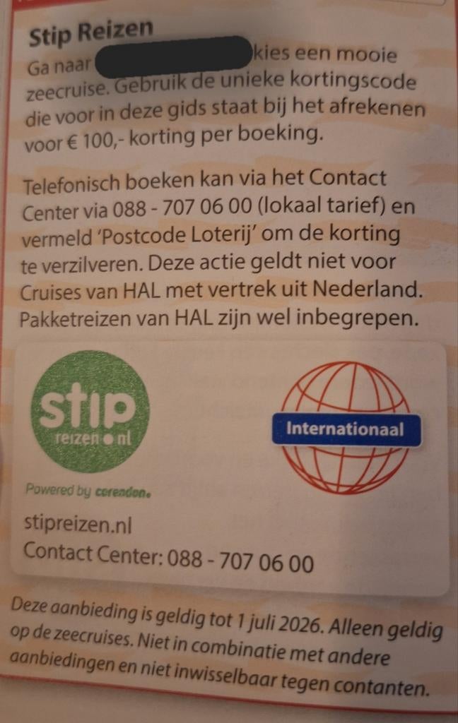Stip reizen 100 euro korting, Tickets en Kaartjes, Eén persoon, Kortingsbon