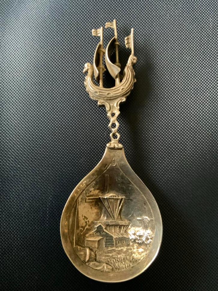 Zilveren theelepel/schepje met molen en schip, Antiek en Kunst, Antiek | Goud en Zilver, Zilver, Ophalen of Verzenden