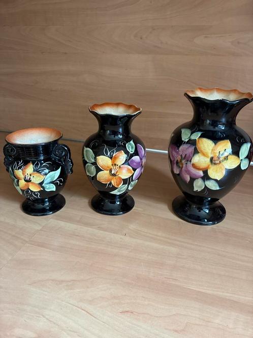Vintage Vazen Set Bloemmotief Zwart Oranje Handgeschilderd 3, Antiek en Kunst, Antiek | Vazen, Ophalen of Verzenden