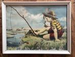 Vintage Prent van Vissende Jongen met een strohoed, Ophalen of Verzenden