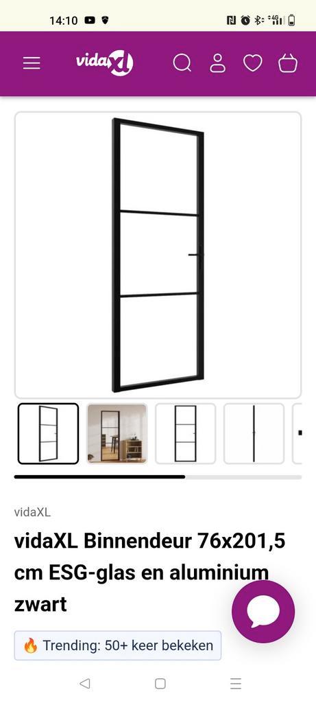 Nieuwe binnendeur glas/aluminium zwart 76x201.5cm, Doe-het-zelf en Verbouw, Deuren en Horren, Nieuw, Glas, Metaal, Ophalen