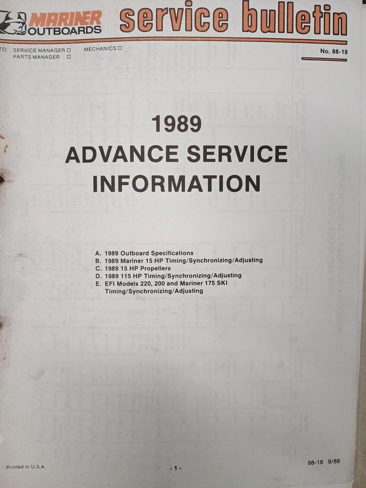 Mariner 1989 Service Bulletin No. 88-18, Watersport en Boten, Accessoires en Onderhoud, Gebruikt, Motor en Techniek, Ophalen of Verzenden