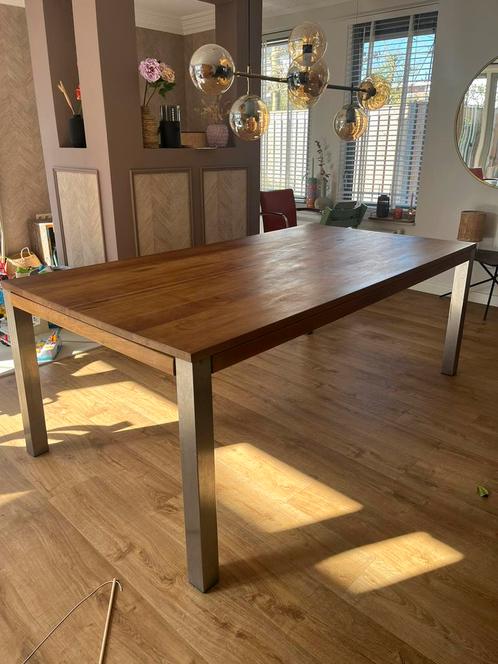 Eettafel massief hout stalen poten 210 x 109 verlengen 250, Huis en Inrichting, Tafels | Eettafels, 100 tot 150 cm, 200 cm of meer