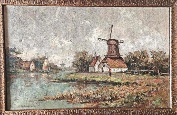 Olieverfschilderij H.R. Karbargeboer - Molenlandschap, Antiek en Kunst, Kunst | Schilderijen | Klassiek, Ophalen of Verzenden