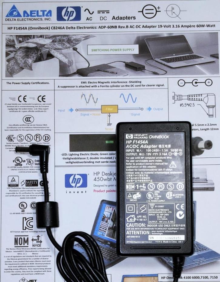 Delta ADP-60NB HP F1454A C8246A 19V 3.16A 60W Adapter Lader, Computers en Software, Laptop-opladers, Zo goed als nieuw, Ophalen of Verzenden