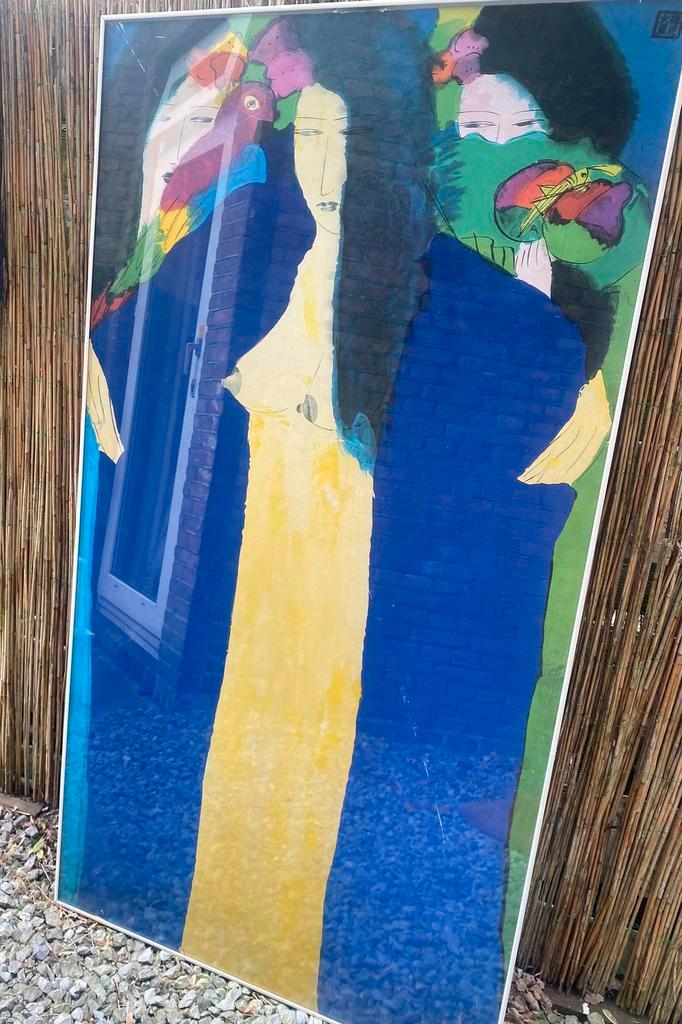 Ting prent lithography Tree Geishas and parrot, Antiek en Kunst, Kunst | Litho's en Zeefdrukken, Verzenden