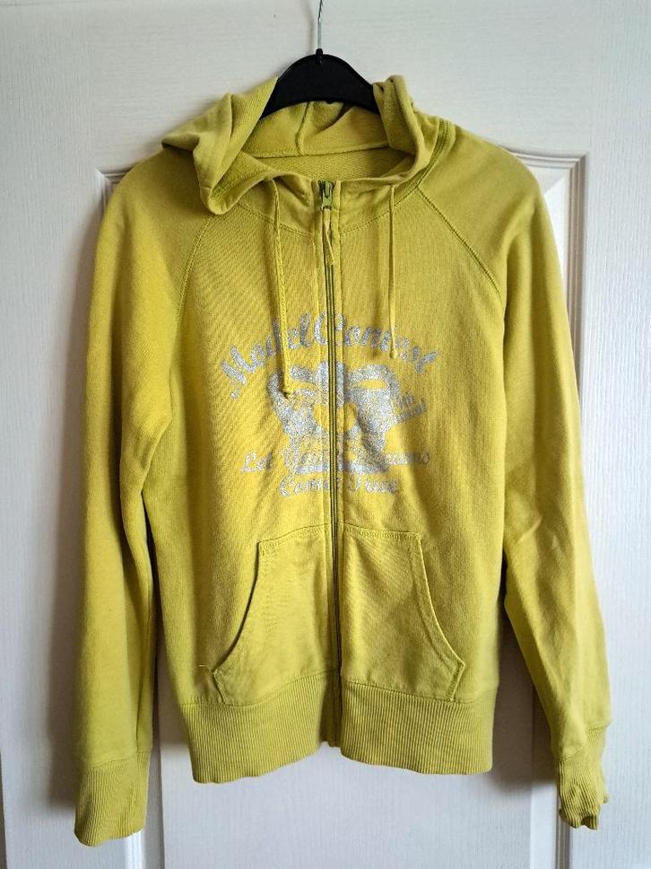 Lime groen vest met zilveren print en capuchon maat 40 42 L, Kleding | Dames, Truien en Vesten, Zo goed als nieuw, Maat 38/40 (M)