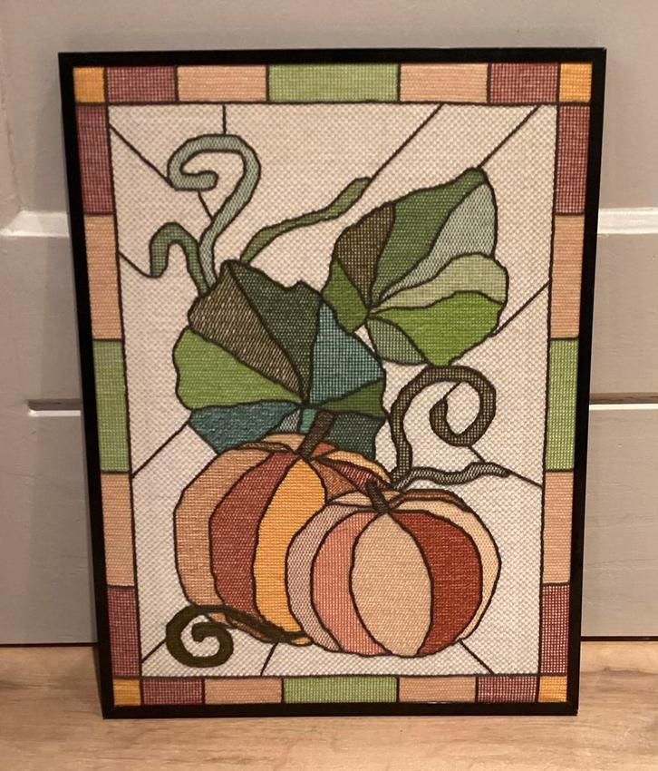 Geborduurd schilderij pompoenen oranje bruin groen, Huis en Inrichting, Woonaccessoires | Schilderijen, Tekeningen en Foto's, Zo goed als nieuw