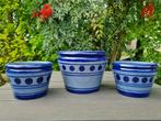 et van 3 vintage paars/blauw kleurig keramiek bloempotten, Tuin en Terras, Bloempotten, Ophalen, Rond, Zo goed als nieuw, Aardewerk