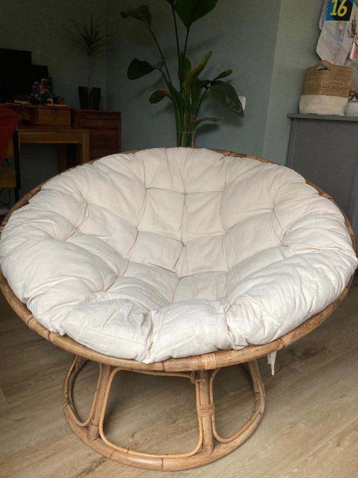 Rotan loungestoel, Huis en Inrichting, Stoelen, Gebruikt, Eén, Riet of Rotan, Stof, Bruin, Ophalen