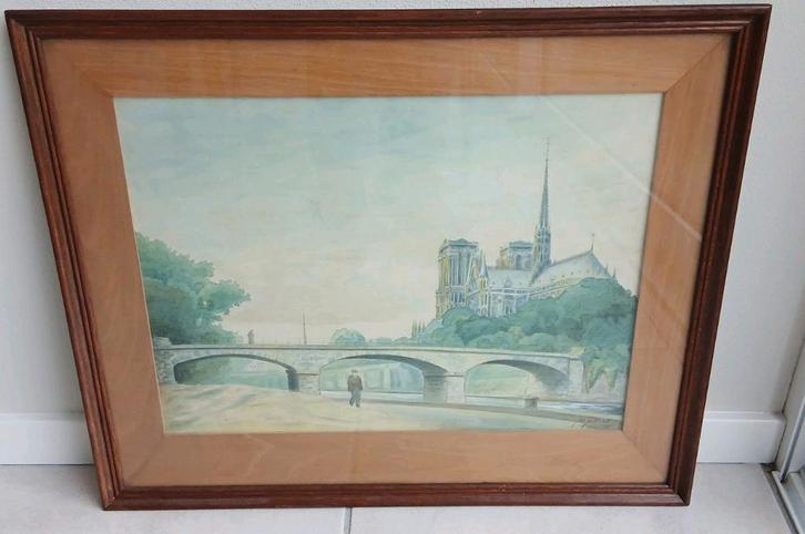 Oude aquarel Notre Dame Parijs gesigneerd achter glas, Antiek en Kunst, Kunst | Tekeningen en Foto's, Ophalen of Verzenden