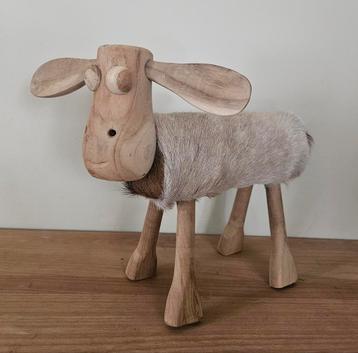 Teakhouten decoratie schaapjes met vacht beschikbaar voor biedingen