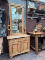 Antiek geloogd grenen,meubel, spiegel,2 delen, patine, Ophalen, Franse stijl, Gebruikt, 100 tot 150 cm