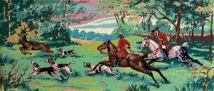 Borduurwerk, wol, jacht, groot, vintage, Hobby en Vrije tijd, Borduren en Borduurmachines, Gebruikt, Overige typen, Handborduren