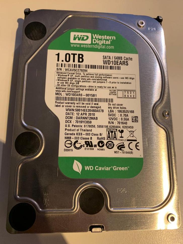 Western Digital WD10EARS Caviar Green 1TB HDD WD-WCAV5C27929, Computers en Software, Harde schijven, Gebruikt, Desktop, Ophalen of Verzenden