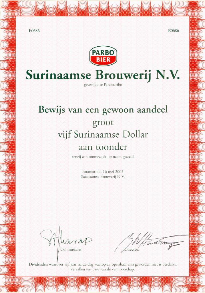 Gevraagd: Aandelen Surinaamse Brouwerij N.V., Postzegels en Munten, Aandelen en Waardepapieren, Aandeel, 1970 tot heden, Ophalen of Verzenden