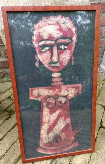 Vintage schilderij in stof batik menselijk figuur 44 x 24 cm beschikbaar voor biedingen