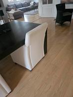 Massief Houten Eettafel + 6 Verrijdbare Stoelen, Wit, Ophalen of Verzenden, Zo goed als nieuw, Stof