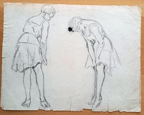 A493-50 Oude tekening Vrouwen zijkant achterkant, Antiek en Kunst, Kunst | Tekeningen en Foto's, Ophalen of Verzenden