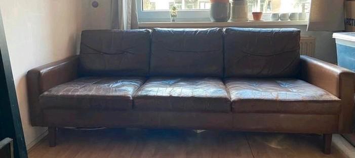 Scandinavische leren 3 zits bank, Huis en Inrichting, Banken | Bankstellen, Gebruikt, Rechte bank, Driepersoons, 150 tot 200 cm