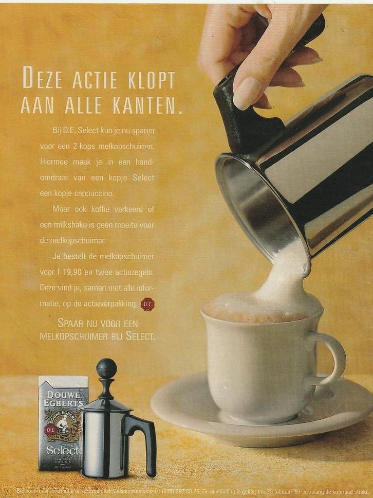 Retro reclame 1996 Douwe Egberts zuivel melkopschuimer, Verzamelen, Retro, Overige typen, Verzenden