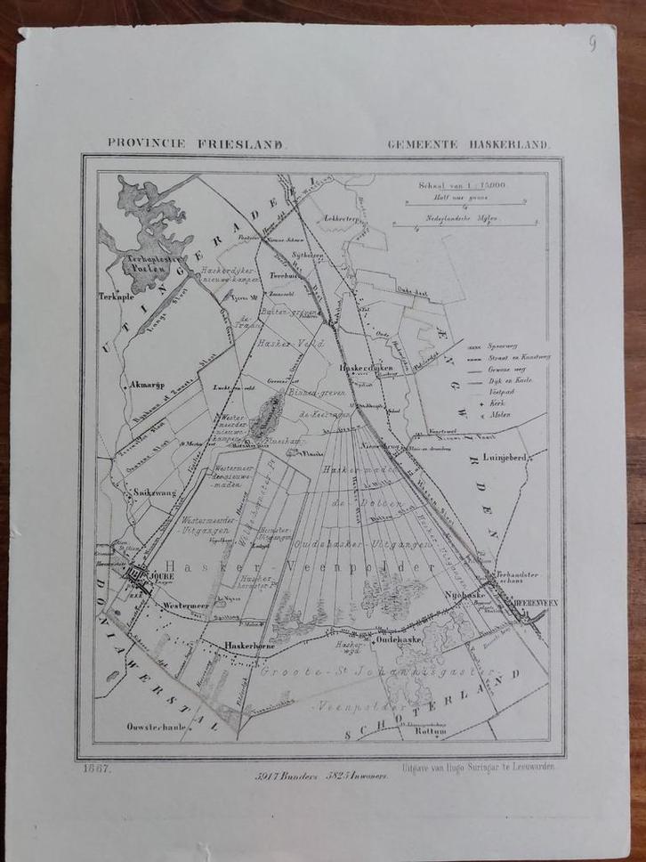 9 / Haskerland Joure Heerenveen Litho uit 1867 van J. Kuyper, Antiek en Kunst, Kunst | Litho's en Zeefdrukken, Ophalen of Verzenden