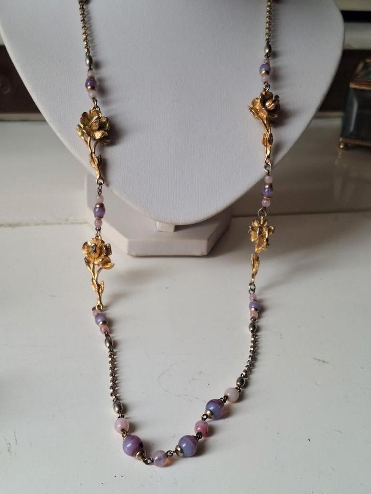 Lange Goudkleurige  Ketting met Rozenkwarts & Amethist, Sieraden, Tassen en Uiterlijk, Kettingen, Gebruikt, Overige materialen