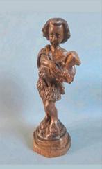 Mooi handgesneden houten beeldje jongen met schaap, Ophalen of Verzenden