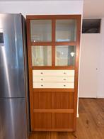 Moderne hardhout vitrinekast,  teakhout + creme wit, Huis en Inrichting, Kasten | Vitrinekasten, Ophalen, 200 cm of meer, 50 tot 100 cm
