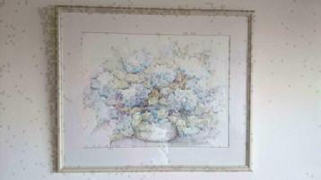 Aquarel van Ellen Kroon.  Gesigneerd  Hortensia`s maten lijs beschikbaar voor biedingen