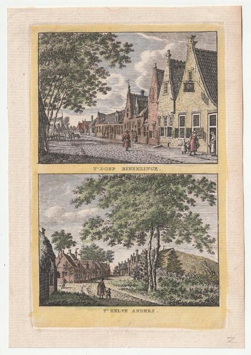 't Dorp Biezelinge ingekleurde gravure 2 afbeeldingen 1793, Antiek en Kunst, Kunst | Etsen en Gravures, Verzenden
