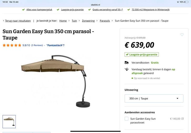 Grote parasol. 350 cm, Tuin en Terras, Parasols, Zo goed als nieuw, Zweefparasol, 3 tot 4 meter, Kantelbaar, Verstelbaar, Waterdicht