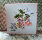 gestempelde kerstkaart, kerstballen aan tak, Ophalen of Verzenden, Nieuw, Kerst