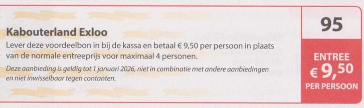 Kabouterland Exloo entree €9,50 pp Postcodeloterij bon nr 95, Tickets en Kaartjes, Recreatie | Pretparken en Attractieparken, Drie personen of meer