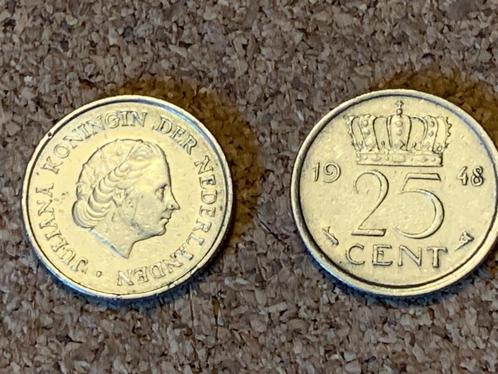 25 cent munten 'Wilhelmina'1948 en 25 cent 'Juliana'1960, Postzegels en Munten, Munten | Nederland, Losse munt, 25 cent, Koningin Wilhelmina