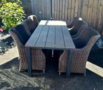 Robuuste Tuinset met 6 stoelen, kussens en houtlook tafel, Ophalen, Overige materialen, Gebruikt, 6 zitplaatsen