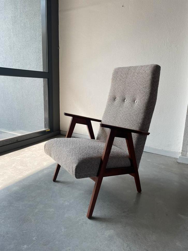 Vintage fauteuil jaren 60 wol bekleding pop-up prijs, Huis en Inrichting, Fauteuils, Zo goed als nieuw, 50 tot 75 cm, Ophalen