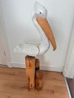 Beeld hout Pelikaan op stam drijfhout 1m, Ophalen, Zo goed als nieuw