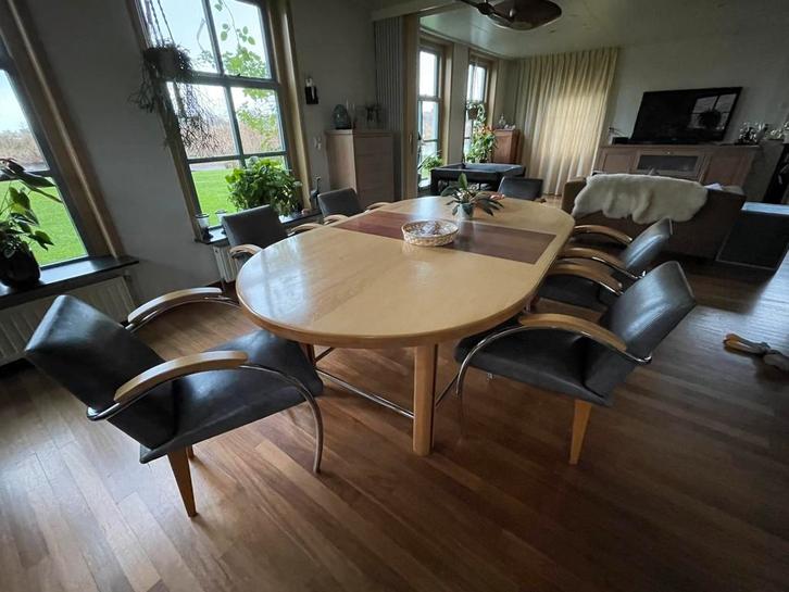 6 lederen Jan de Bouvrie eetkamerstoelen, Huis en Inrichting, Stoelen, Zo goed als nieuw, Leer, Bruin, Ophalen