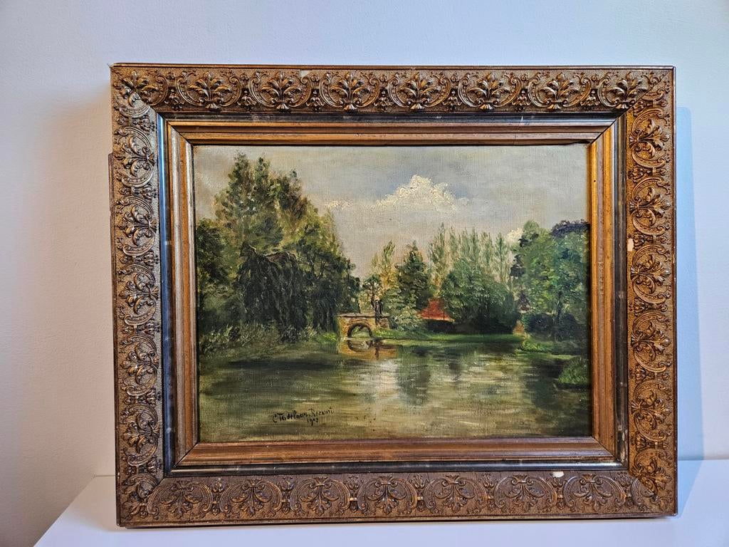 Olieverf Schilderij: Landschap met Brug, gesigneerd 1903, Ophalen of Verzenden