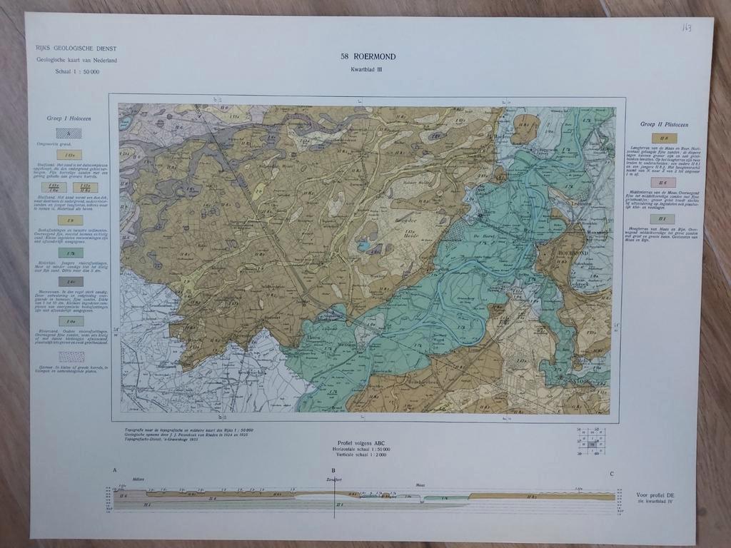 163 / Geologische kaart uit 1933 Roermond e.o. kwartblad III, Boeken, Atlassen en Landkaarten, Ophalen of Verzenden, 1800 tot 2000