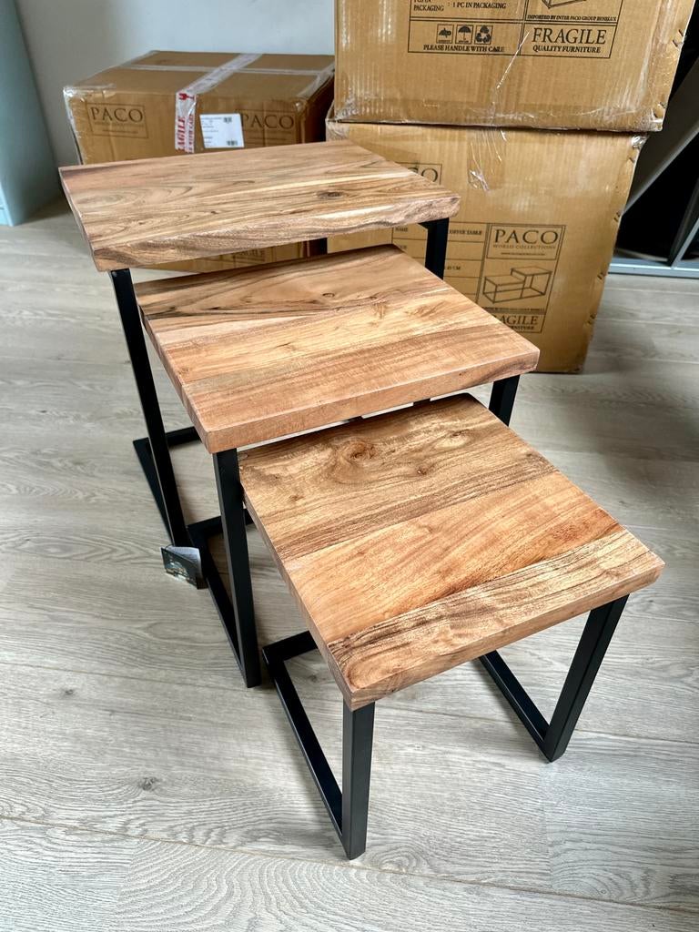 Set van 3 Acacia houten Bijzettafels Salontafel - NIEUW!, Ophalen, Vierkant, Nieuw, Minder dan 50 cm
