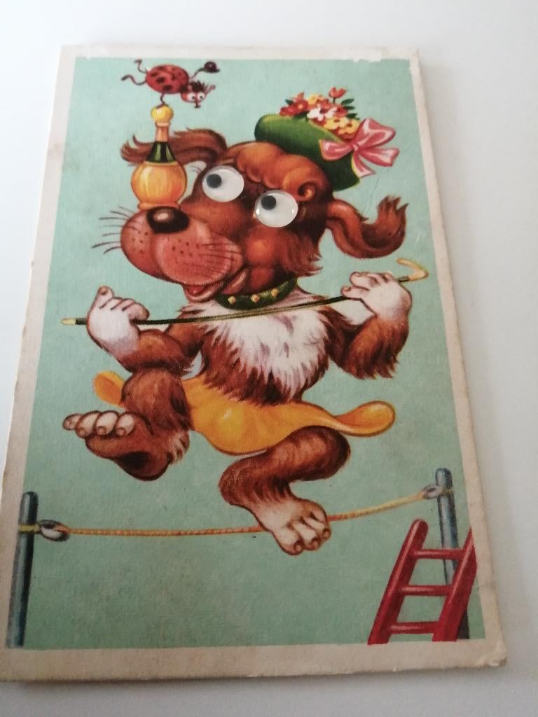 Antiek hond kaart met oogjes fuctie, Ophalen of Verzenden