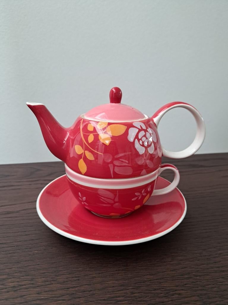 Eénkops Theepotje met Kopje en Schotel - Bloemen Design, Ophalen of Verzenden, Gebruikt