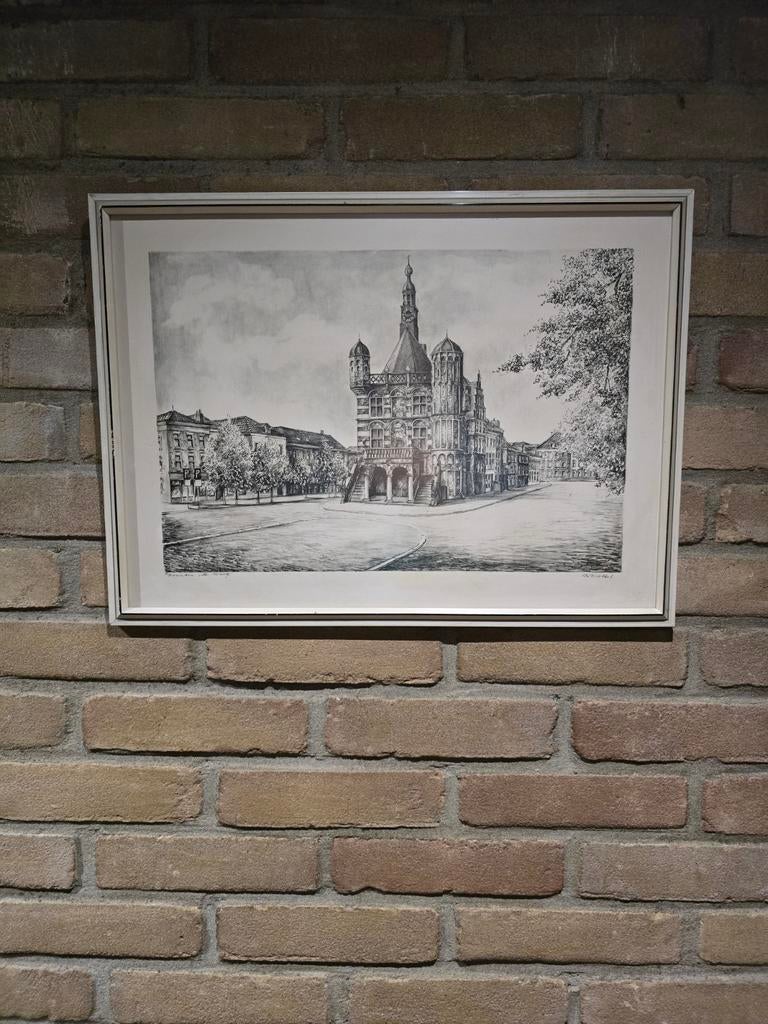 Schilderij / ets / tekening de waag Deventer Bob Brobbel, Antiek en Kunst, Ophalen